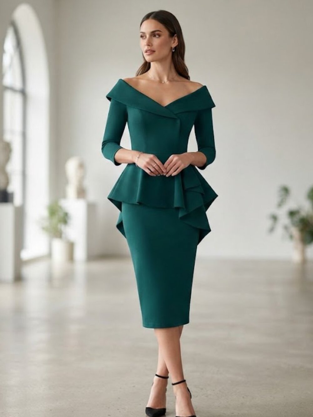 Sz 40 CHIARA BONI Green Knee-Length Ruffle Peplum Dress Small